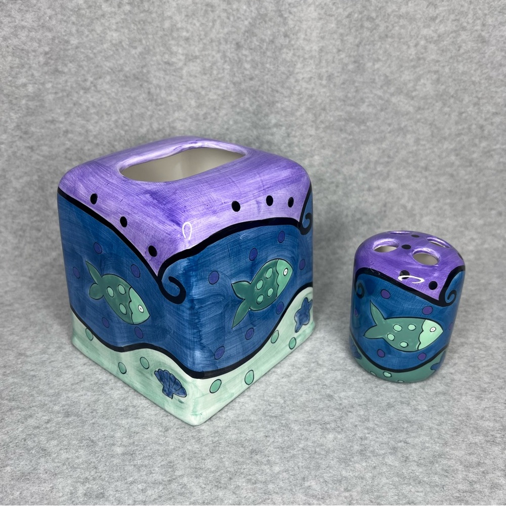Cathie Maney Coastal Fish Decor Hand Painted Ceramic Tissue Box Cover & Holder